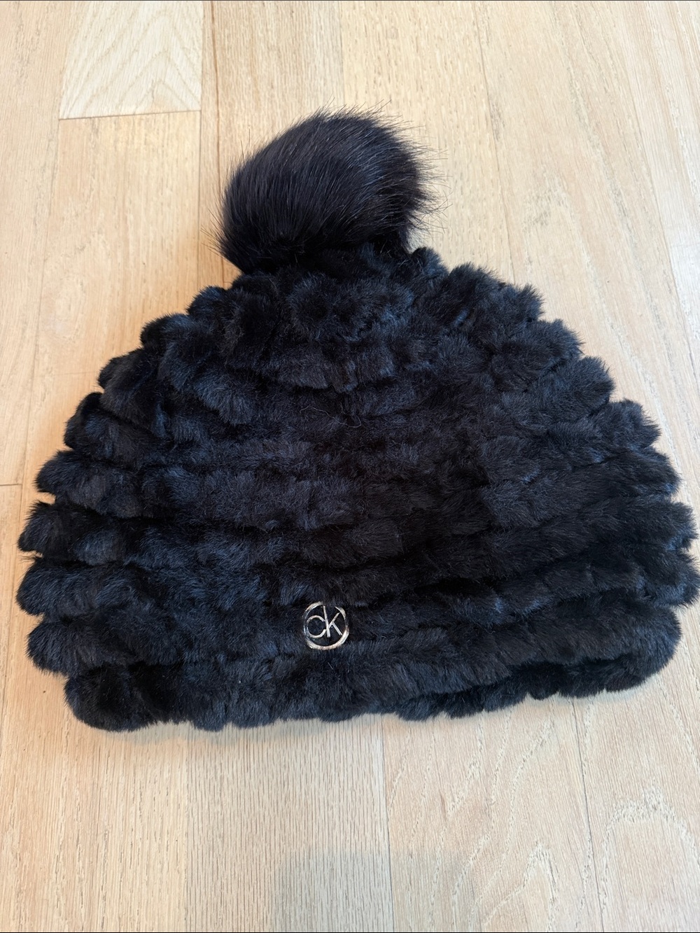 Calvin Klein Black Faux Fur Pom Pom Beanie